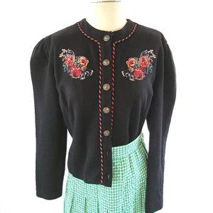 1990s Black Knit Cardigan with Embroidered Details by Leslie Fay Size Small